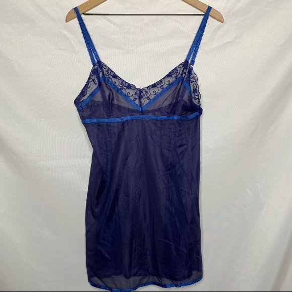 Victoria 'Secret 90's Vintage Navy Blue Sheer Sultry Lace Trim Slip Dress Large - Picture 2 of 9